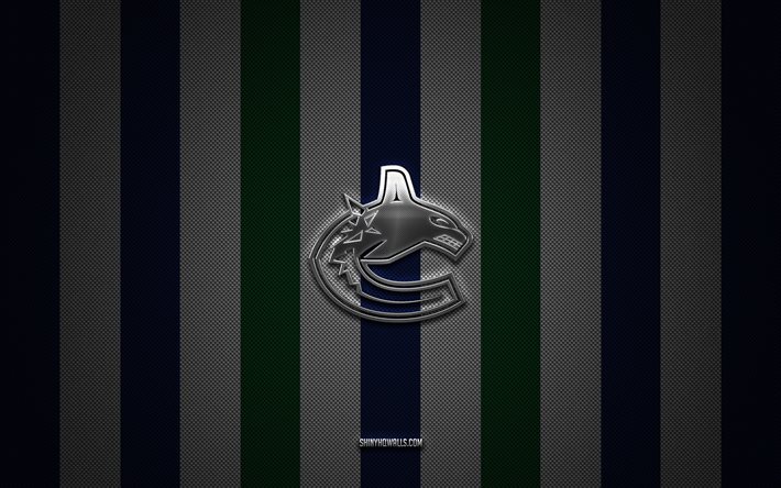 logo di vancouver canucks, squadra canadese di hockey, nhl, sfondo di carbonio verde blu, emblema di vancouver canucks, hockey, logo in metallo argento di vancouver canucks, vancouver canucks