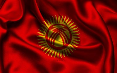 drapeau du kirghizistan, 4k, les pays d asie, les drapeaux de satin, le drapeau du kirghizistan, le jour du kirghizistan, les drapeaux de satin ondulés, le drapeau kirghize, les symboles nationaux kirghizes, l asie, le kirghizistan