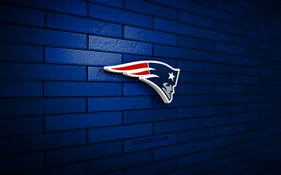 New England Patriots 3D logo, 4K, blue brickwall, NFL, american football, New England Patriots logo, american football team, sports logo, New England Patriots