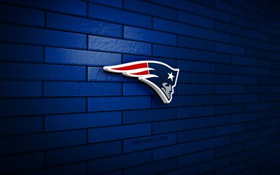 new england patriots 3d-logo, 4k, blaue ziegelwand, nfl, american football, new england patriots-logo, american-football-team, sportlogo, new england patriots