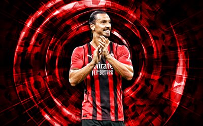 Zlatan Ibrahimovic, 4k, AC Milan, red abstract background, soccer, Serie A, swedish footballers, Zlatan Ibrahimovic 4K, Milan FC, abstract rays, football, Zlatan Ibrahimovic Milan, Rossoneri, Ibra