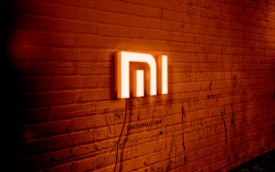 Xiaomi neon logo, 4k, orange brickwall, grunge art, creative, logo on wire, Xiaomi turquoise logo, Xiaomi logo, artwork, Xiaomi