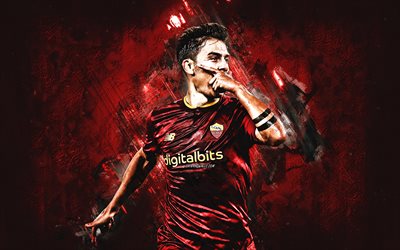 Paulo Dybala, AS Roma, Argentinian football player, world star, burgundy stone background, Serie A, Italy, football, Dybala Roma, Dybala traditional sign