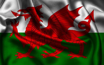 Wales flag, 4K, European countries, satin flags, flag of Wales, Day of Wales, wavy satin flags, Welsh flag, Welsh national symbols, Europe, Wales