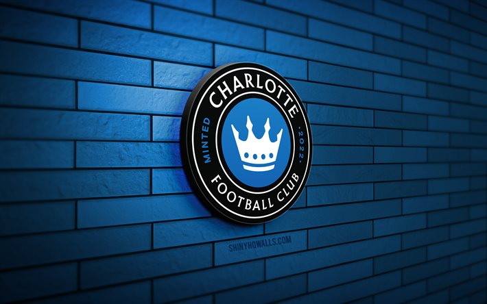 logo charlotte fc 3d, 4k, muro di mattoni blu, mls, calcio, squadra di calcio americana, logo charlotte fc, logo sportivo, charlotte fc