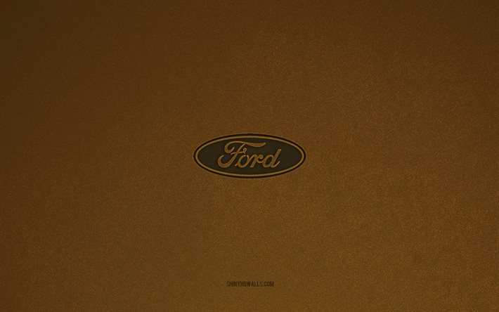 フォードのロゴ, 4k, 車のロゴ, フォードのエンブレム, 茶色の石のテクスチャ, フォード, 人気の車のブランド, フォードサイン, 茶色の石の背景