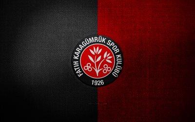 Fatih Karagumruk badge, 4k, red black fabric background, Super Lig, Fatih Karagumruk logo, Fatih Karagumruk emblem, sports logo, turkish football club, Fatih Karagumruk, soccer, football, Fatih Karagumruk FC