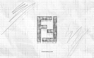 Fendi sketch logo, 4K, checkered paper background, Fendi black logo, fashion brands, logo sketches, Fendi logo, pencil drawing, Fendi