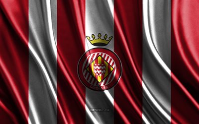 Girona FC logo, La Liga, red white silk texture, Girona FC flag, Spanish football team, Girona FC, football, silk flag, Girona FC emblem, Spain, Girona FC badge