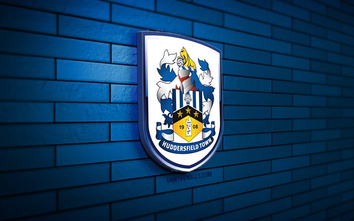 logo huddersfield town 3d, 4k, parede de tijolos azul, campeonato, futebol, clube de futebol inglês, logo da cidade de huddersfield, emblema da cidade de huddersfield, huddersfield town afc, logotipo esportivo, huddersfield town fc