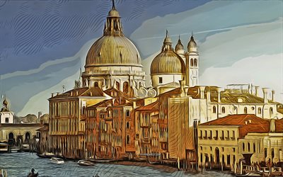 4k, Venice, vector art, St Marks Basilica, vector drawings, Venice drawings, Patriarchal Cathedral Basilica of Saint Mark, Venice cityscape, Italy