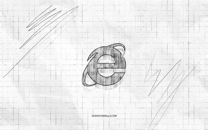 Internet Explorer sketch logo, 4K, checkered paper background, Internet Explorer black logo, internet browsers, logo sketches, Internet Explorer logo, pencil drawing, Internet Explorer