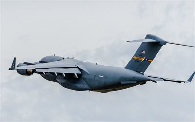 4k, boeing c-17 globemaster iii, l'us air force, l'avion de transport militaire américain, c-17 dans le ciel, l'usaf, des avions militaires, boeing
