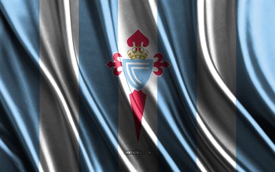 logotipo del rc celta de vigo, la liga, textura de seda blanca azul, bandera del rc celta de vigo, selección española de fútbol, ​​rc celta de vigo, fútbol, ​​bandera de seda, emblema del rc celta de vigo, españa, insignia del rc celta de vigo