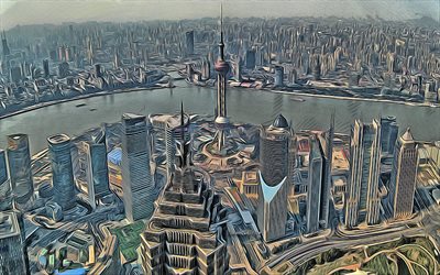 4k, Oriental Pearl Tower, Shanghai, vector art, tv tower, Shanghai panorama, Shanghai aerial view, Shanghai drawings, Asia