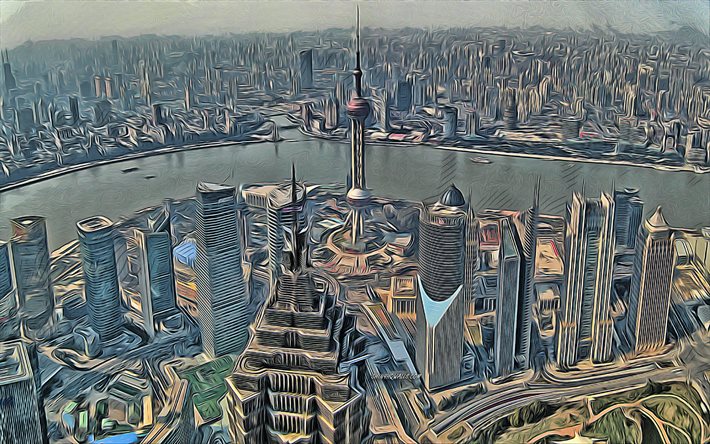 4k, oriental pearl tower, shanghai, arte vettoriale, torre della tv, panorama di shanghai, vista aerea di shanghai, disegni di shanghai, asia