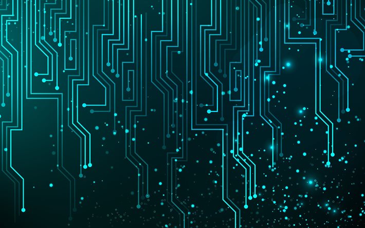 abstract microchip, 4k, digital art, circuit boards, conductors, blue technology background, microcircuit, blue neon lights, motherboard, modern technology, semiconductors, PCB, printed circuit boards