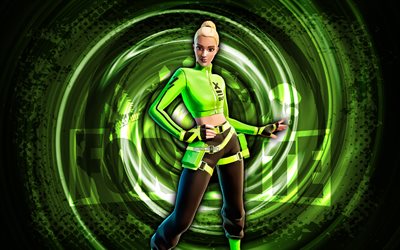 4k, kyra, fortnite, grüner grunge-spiralhintergrund, kyra skin, kyra fortnite-charakter, kyra fortnite, fortnite-charaktere, grunge-kunst