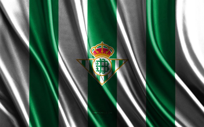 logo del real betis, la liga, trama di seta bianca verde, bandiera del real betis, squadra di calcio spagnola, real betis, calcio, bandiera di seta, emblema del real betis, spagna, distintivo del real betis
