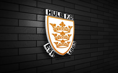 logo hull fc 3d, 4k, muro di mattoni nero, campionato, calcio, squadra di calcio inglese, logo hull fc, emblema hull fc, hull, logo sportivo, hull fc