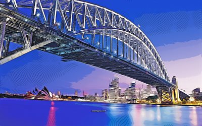 4k, جسر ميناء سيدني, ناقلات الفن, سيدني, ليل, دار سيدني للأوبرا, رسومات سيدني, مدينة سيدني, أستراليا