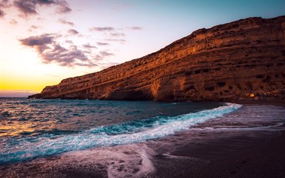 Matala beach, 4k, coast, Caves of Matala, greek landmarks, cliffs, Matala, Crete, Greece, Mediterranean Sea, Crete landmarks, empty beach