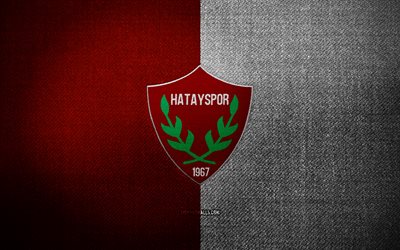 Hatayspor badge, 4k, red white fabric background, Super Lig, Hatayspor logo, Hatayspor emblem, sports logo, turkish football club, Hatayspor, soccer, football, Hatayspor FC