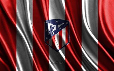logo de l'atletico madrid, la liga, texture de soie blanche rouge, drapeau de l'atletico madrid, équipe de football espagnole, atletico madrid, football, drapeau de soie, emblème de l'atletico madrid, espagne, insigne de l'atletico madrid