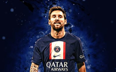 4k, Lionel Messi, blue neon lights, PSG, Ligue 1, close-up, soccer, Paris Saint-Germain FC, Lionel Messi 4K, argentine football players, Leo Messi, Paris Saint-Germain, football, Lionel Messi PSG