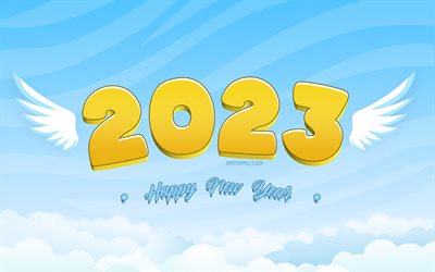 Happy New Year 2023, 4k, 2023 retro background, 2023 inscription with wings, 2023 concepts, 2023 Happy New Year, 2023 greeting card