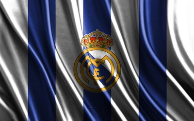 logo du real madrid, la liga, texture de soie blanche bleue, drapeau du real madrid, équipe espagnole de football, real madrid, football, drapeau en soie, emblème du real madrid, espagne, badge du real madrid