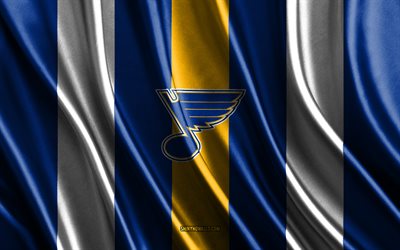 4k, St Louis Blues, NHL, blue white silk texture, St Louis Blues flag, American hockey team, hockey, silk flag, St Louis Blues emblem, USA, St Louis Blues badge