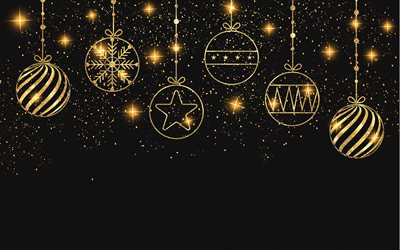 black christmas background with golden balls, Merry Christmas, Happy New Year, golden christmas balls, Christmas background, Christmas black pattern