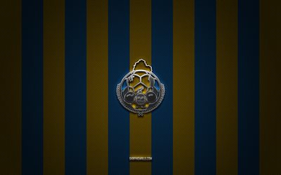 logo al gharafa sc, équipe de football du qatar, ligue des étoiles du qatar, fond de carbone bleu jaune, emblème al gharafa sc, qsl, football, al gharafa sc, qatar, logo en métal al gharafa sc