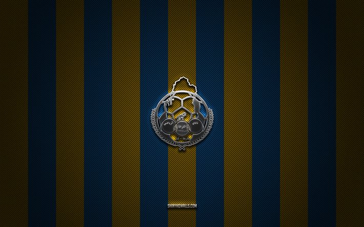 logo al gharafa sc, squadra di calcio del qatar, qatar stars league, sfondo giallo blu carbonio, stemma dell'al gharafa sc, qsl, calcio, al gharafa sc, qatar, logo in metallo al gharafa sc