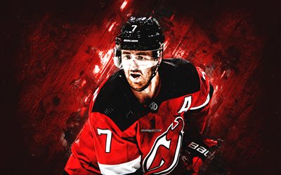 Dougie Hamilton, New Jersey Devils, portrait, Canadian hockey player, red stone background, NHL, hockey, USA