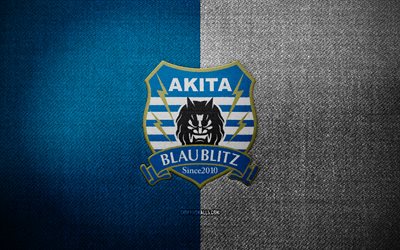 distintivo blaublitz akita, 4k, sfondo blu tessuto bianco, lega j2, logo blaublitz akita, emblema blaublitz akita, logo sportivo, bandiera blaublitz akita, squadra di calcio giapponese, blaublitz akita, calcio, blaublitz akita fc