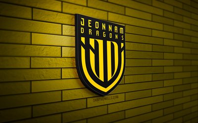 Jeonnam Dragons 3D logo, 4K, yellow brickwall, K League 2, soccer, South Korean football club, Jeonnam Dragons logo, Jeonnam Dragons emblem, football, Jeonnam Dragons, sports logo, Jeonnam Dragons FC