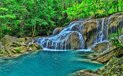 waterfall, jungle, forest, forest waterfall, blue lake, beautiful waterfall, Thailand