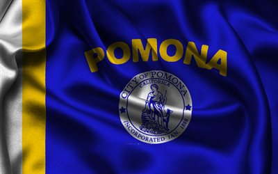 pomona flagge, 4k, us städte, satinfahnen, tag von pomona, flagge von pomona, amerikanische städte, gewellte satinfahnen, städte kaliforniens, pomona kalifornien, vereinigte staaten von amerika, pomona