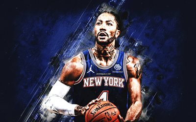 Derrick Rose, New York Knicks, NBA, portrait, American basketball player, blue stone background, National Basketball Association, USA
