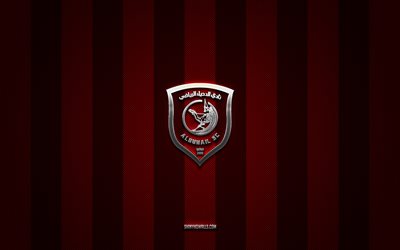 logo al duhail sc, squadra di calcio del qatar, qatar stars league, sfondo rosso carbonio, stemma al duhail sc, qsl, calcio, al duhail sc, qatar, logo al duhail sc in metallo
