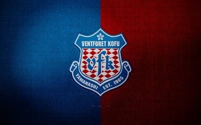 emblema ventforet kofu, 4k, fundo de tecido vermelho azul, liga j2, logo ventforet kofu, logotipo esportivo, bandeira ventforet kofu, clube de futebol japonês, ventforet kofu, futebol, ventforet kofu fc