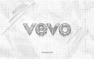 vevo 스케치 로고, 4k, 체크 무늬 종이 배경, vevo 블랙 로고, 브랜드, 로고 스케치, 베보 로고, 연필 드로잉, 베보