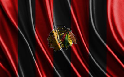 4k, Chicago Blackhawks, NHL, black red silk texture, Chicago Blackhawks flag, American hockey team, hockey, silk flag, Chicago Blackhawks emblem, USA, Chicago Blackhawks badge