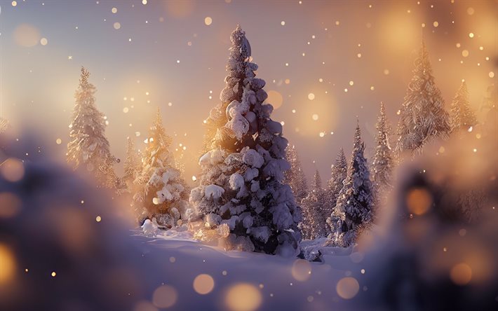 árvore coberta de neve, floresta, inverno, neve, manhã, nascer do sol, floresta de neve, paisagem de inverno, pinheiros, ano novo, natal