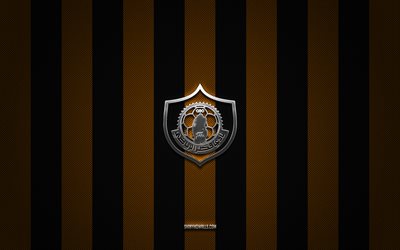 logo qatar sc, squadra di calcio del qatar, qatar stars league, sfondo nero carbone arancione, stemma del qatar sc, qsl, calcio, al qatar sc, qatar, logo qatar sc in metallo