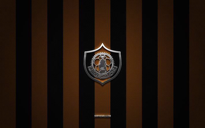 qatar sc logo, katarische fußballmannschaft, katar stars league, schwarzer orangefarbener kohlenstoffhintergrund, qatar sc emblem, qsl, fußball, al katar sc, katar, katar sc metalllogo