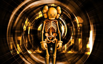 esqueleto laranja kaws, 4k, fundo abstrato amarelo, fortnite, raios abstratos, pele de esqueleto kaws laranja, skin esqueleto kaws laranja fortnite, personagens de fortnite, laranja kaws esqueleto fortnite