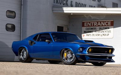 1969, Ford Mustang Mach 1 PATRIARC, Ringbrothers, 4k, front view, exterior, retro sports cars, blue Ford Mustang 1969, american cars, Ford Mustang, vintage cars, Ford